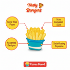 Squishy fast food toy infographic showing slow rise foam, 5cm size, assorted designs, satisfying squeeze and boxed features