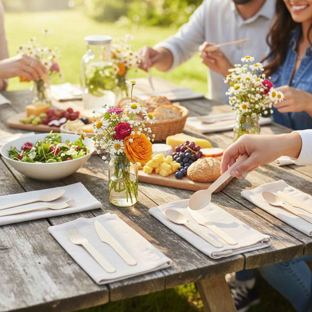 Eco birchwood cutlery arranged on outdoor picnic table at a garden party