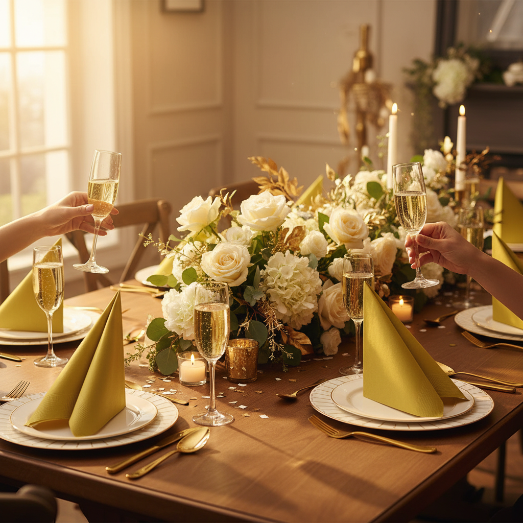 Gold luncheon napkins elegantly folded at a luxury party table setting with champagne glasses