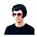Mens Rock n Roll King Elvis black pompadour wig on pure white background, studio hero shot
