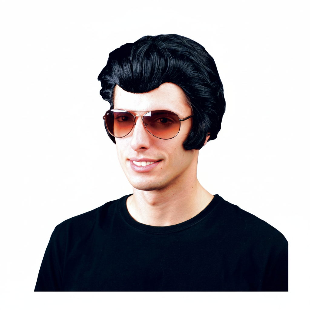 Mens Rock n Roll King Elvis black pompadour wig on pure white background, studio hero shot
