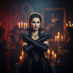 Woman wearing long black satin over-the-elbow gloves as part of a glamorous Halloween costume