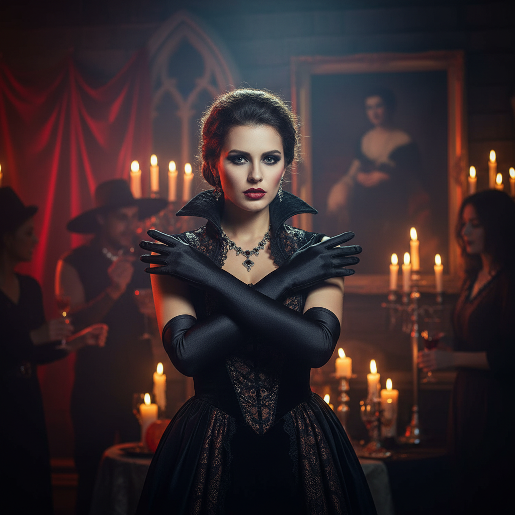Woman wearing long black satin over-the-elbow gloves as part of a glamorous Halloween costume