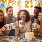 Young person celebrating 21st birthday party holding Art Deco white blue gold gift mug