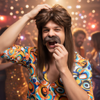 Man laughing while putting on 70s brown mullet wig and moustache at retro disco party
