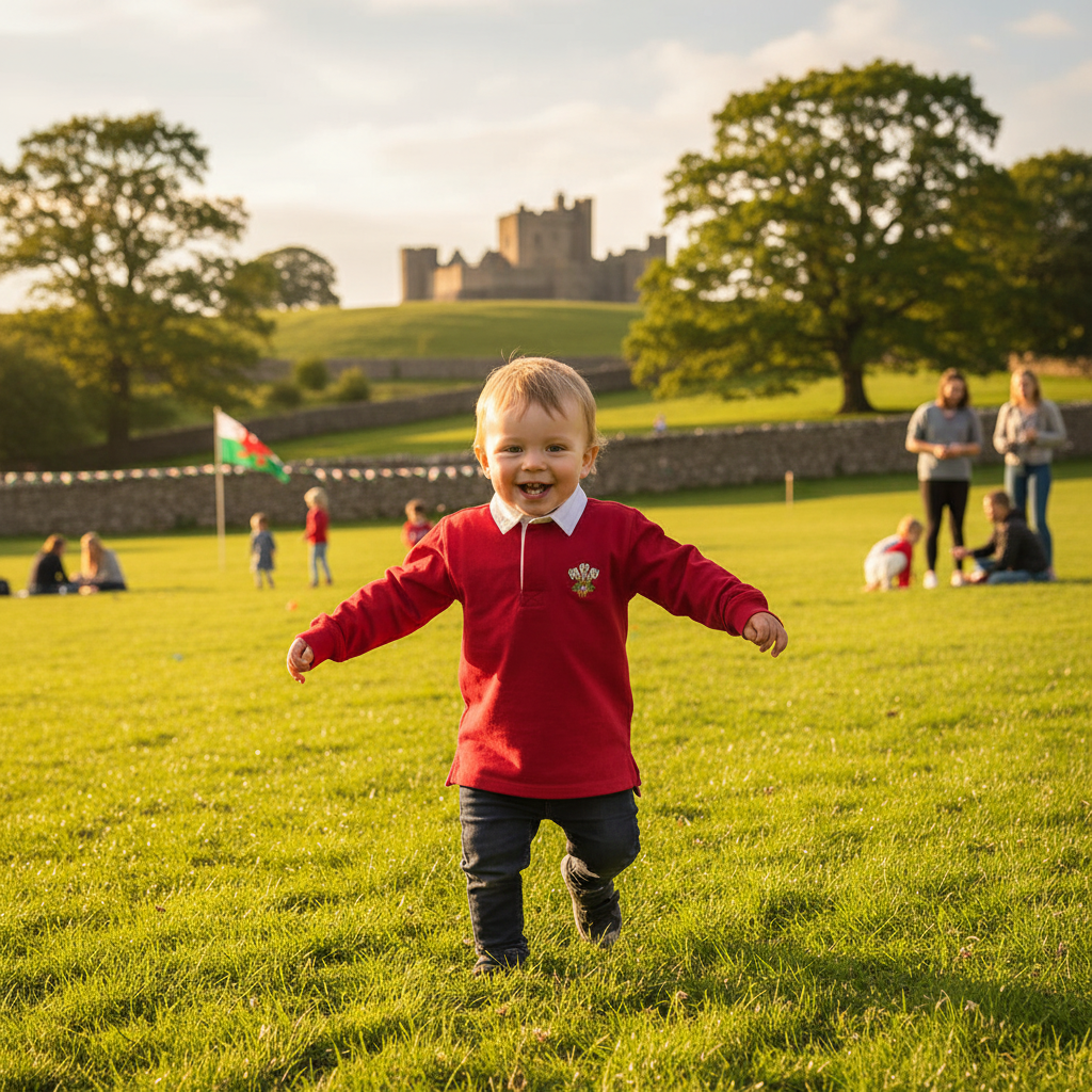Toddler in traditional Welsh rugby shirt playing outdoors