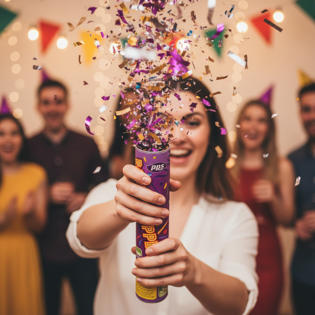 Person firing purple 30cm confetti cannon party popper at a celebration