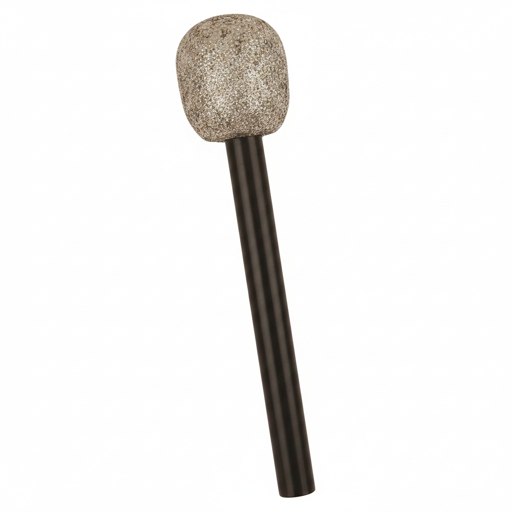 Silver glitter microphone fancy dress prop with dark handle on pure white background, studio hero shot