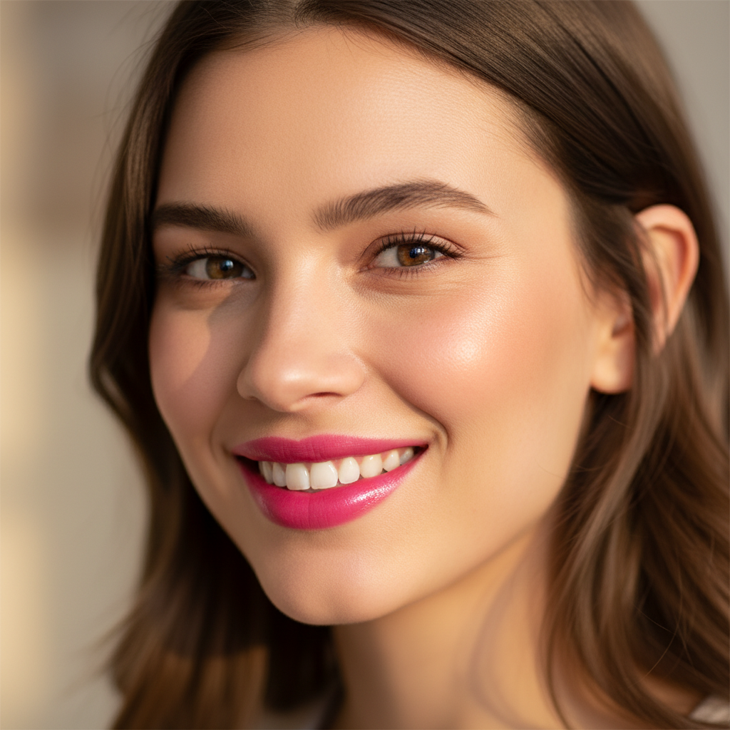 Woman with beautifully applied Laval Passion Pink 78 lips smiling with natural everyday confidence