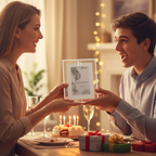 Parent presenting a silver Age 18 milestone photo frame to their child at an 18th birthday celebration