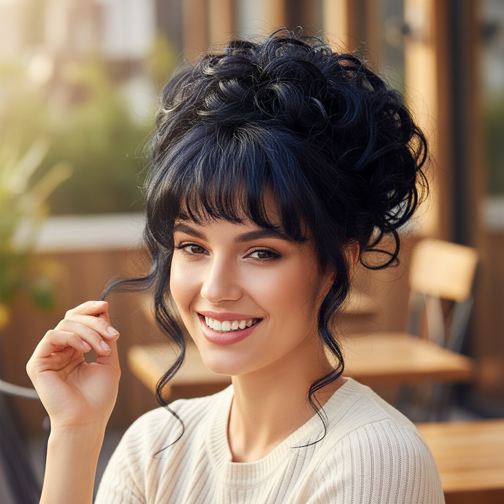 Woman with gorgeous voluminous jet black curly updo showing the beautiful result of wearing the hair bun clip-in