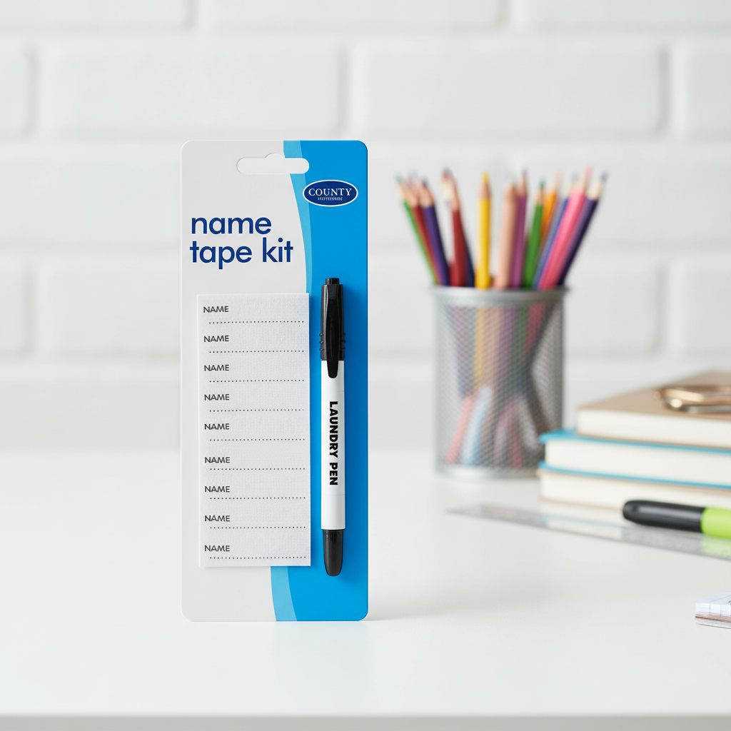 Name Tape Kit And Pen displayed on a bright desk with school stationery - premium product shot