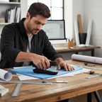 Engineer stapling technical blueprints with an easy grip heavy duty stapler at a drafting desk