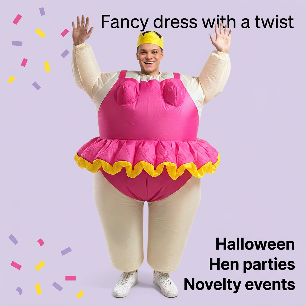Pink inflatable ballerina costume on lavender background with Halloween, hen party and novelty event captions.