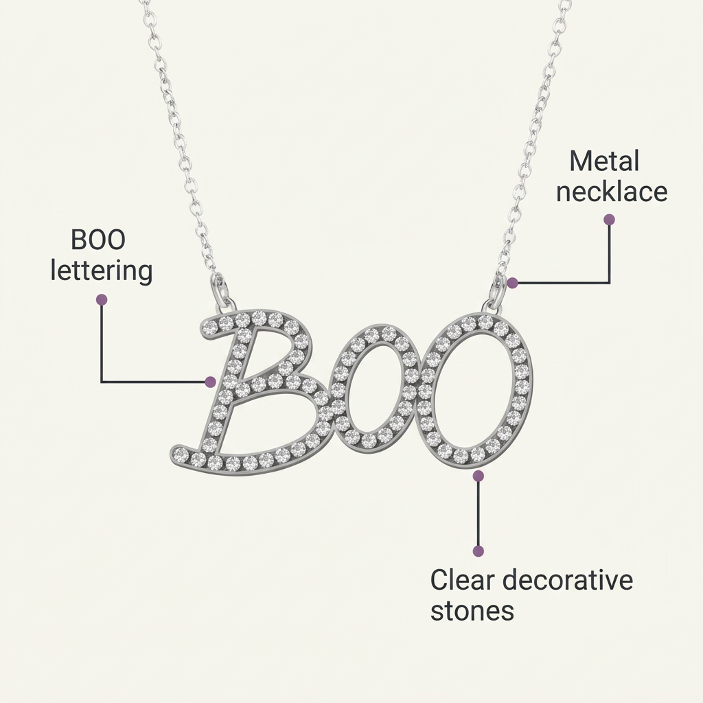 BOO necklace infographic highlighting metal construction, lettering and clear decorative stones