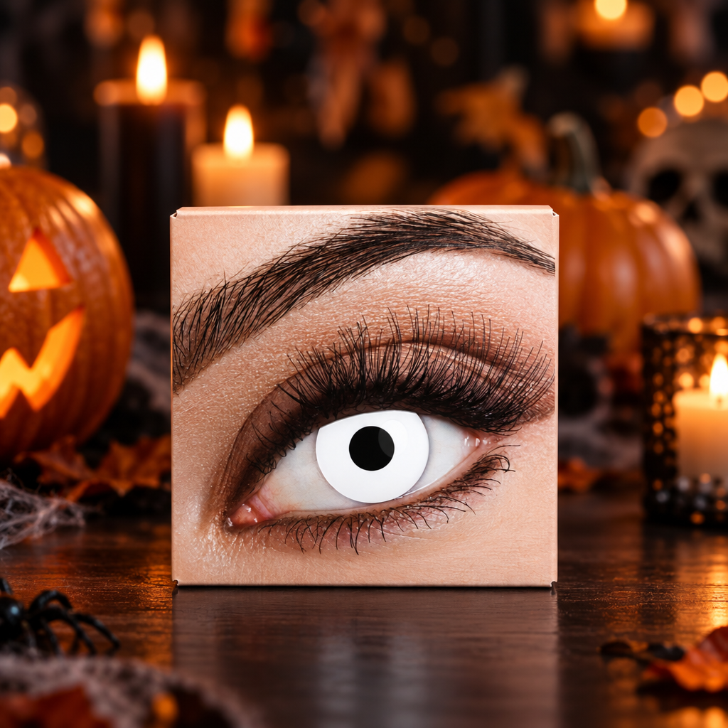 Eyecasions white contact lenses box on a table with carved pumpkins, candles and Halloween decorations