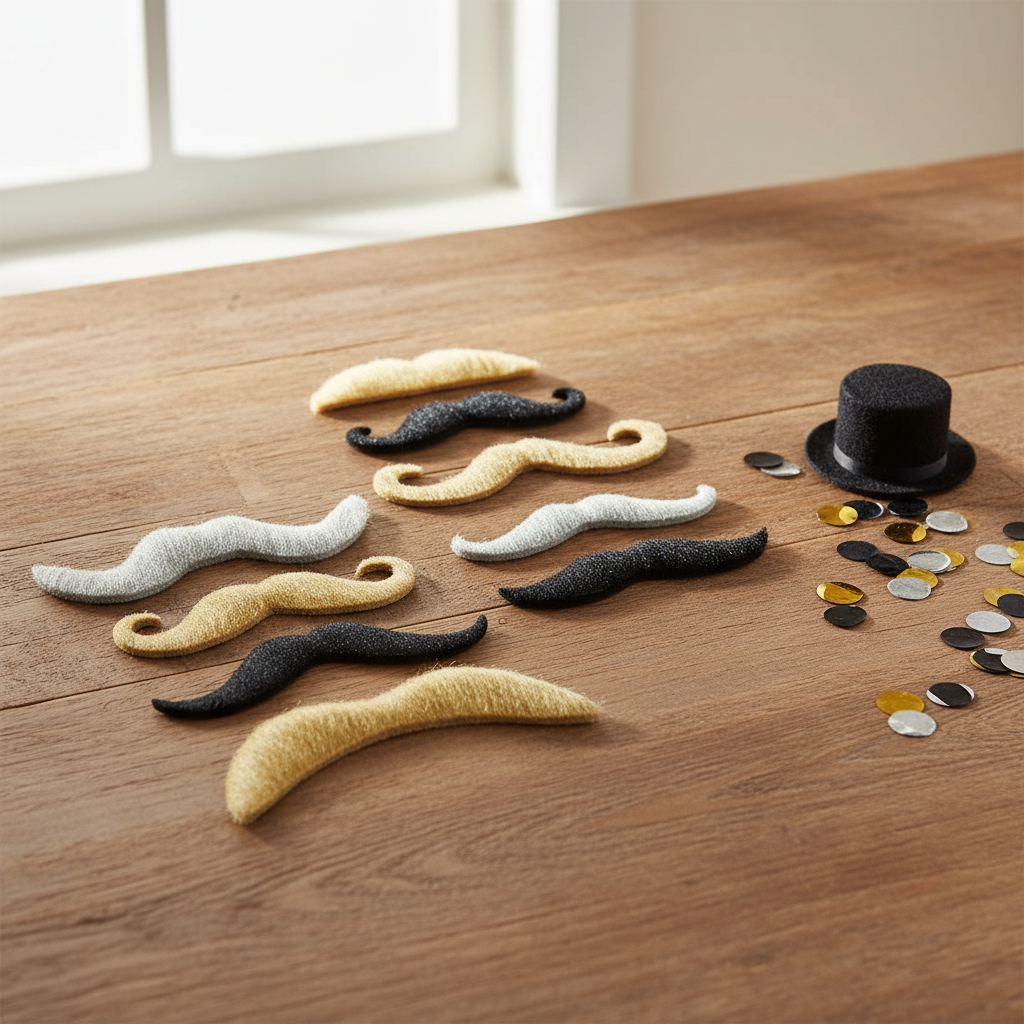 Six assorted fancy dress moustaches in blonde, black and grey arranged on a rustic table with party props and natural window light