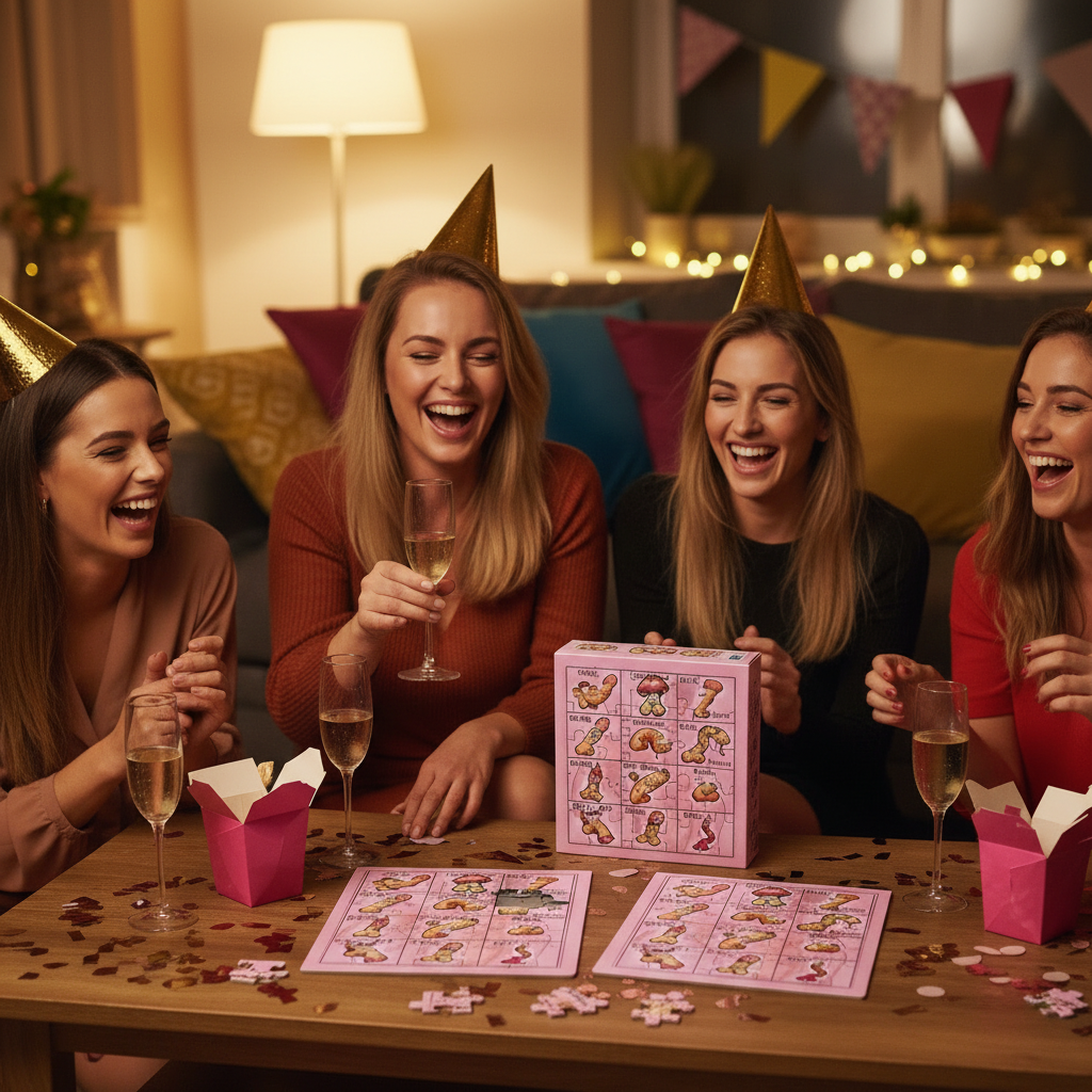 Two women toasting prosecco at a hen party with the Hen Party Jigsaw Puzzle box on the table in the foreground