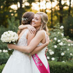 Bride and bridesmaid sharing a warm hug in garden, bridesmaid wearing Hot Pink Silver Foil Sash over white dress