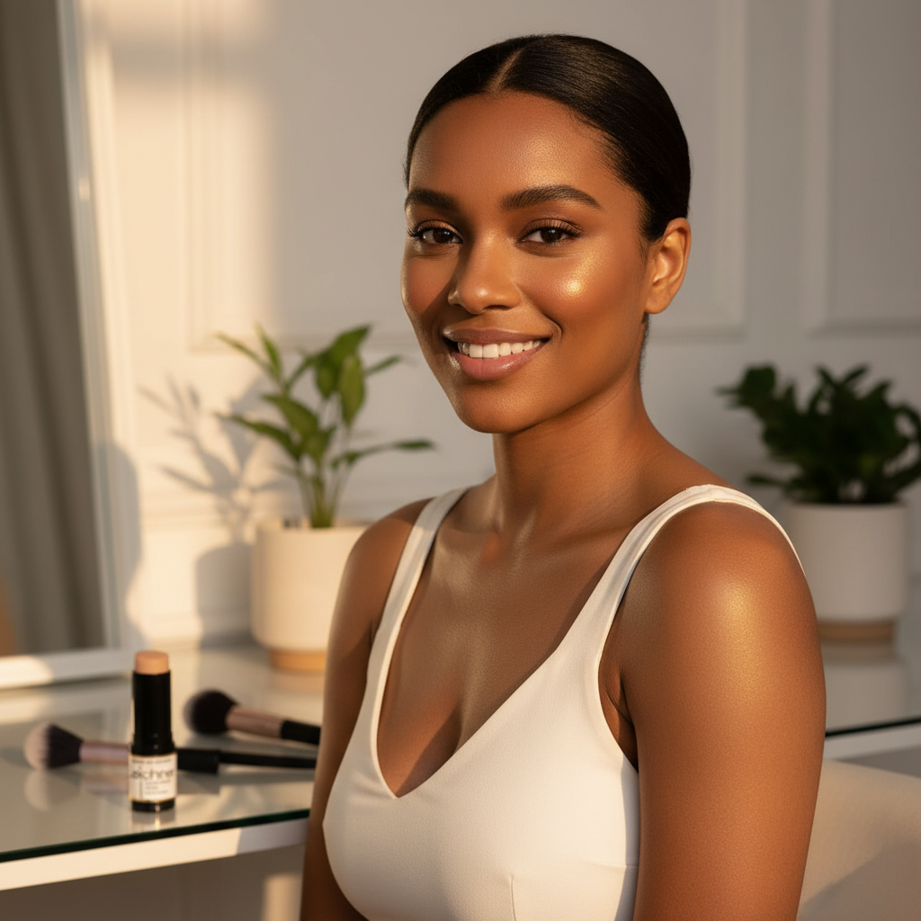 Radiant woman with flawless skin using Leichner Foundation Coffee - beauty results