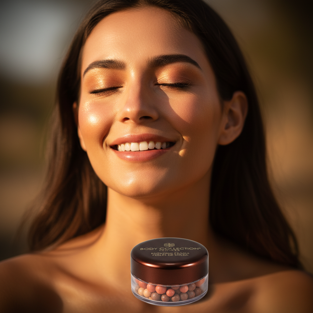 Woman with glowing bronzed skin at golden hour — aspirational lifestyle shot showing the luminous result of Body Collection Bronzing Pearls