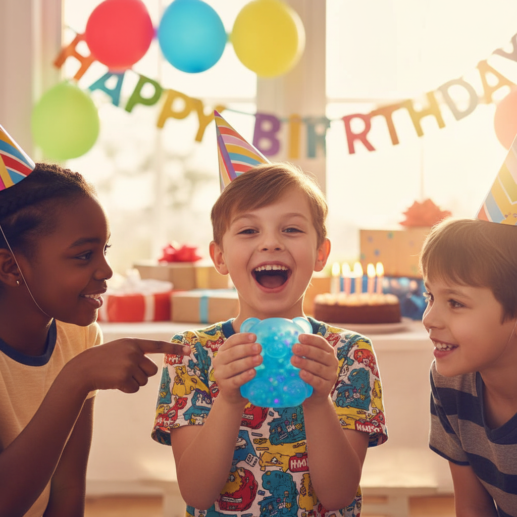 Boy showing off Scrunchems Kind Heart Squish Bear at a birthday party with colourful decorations