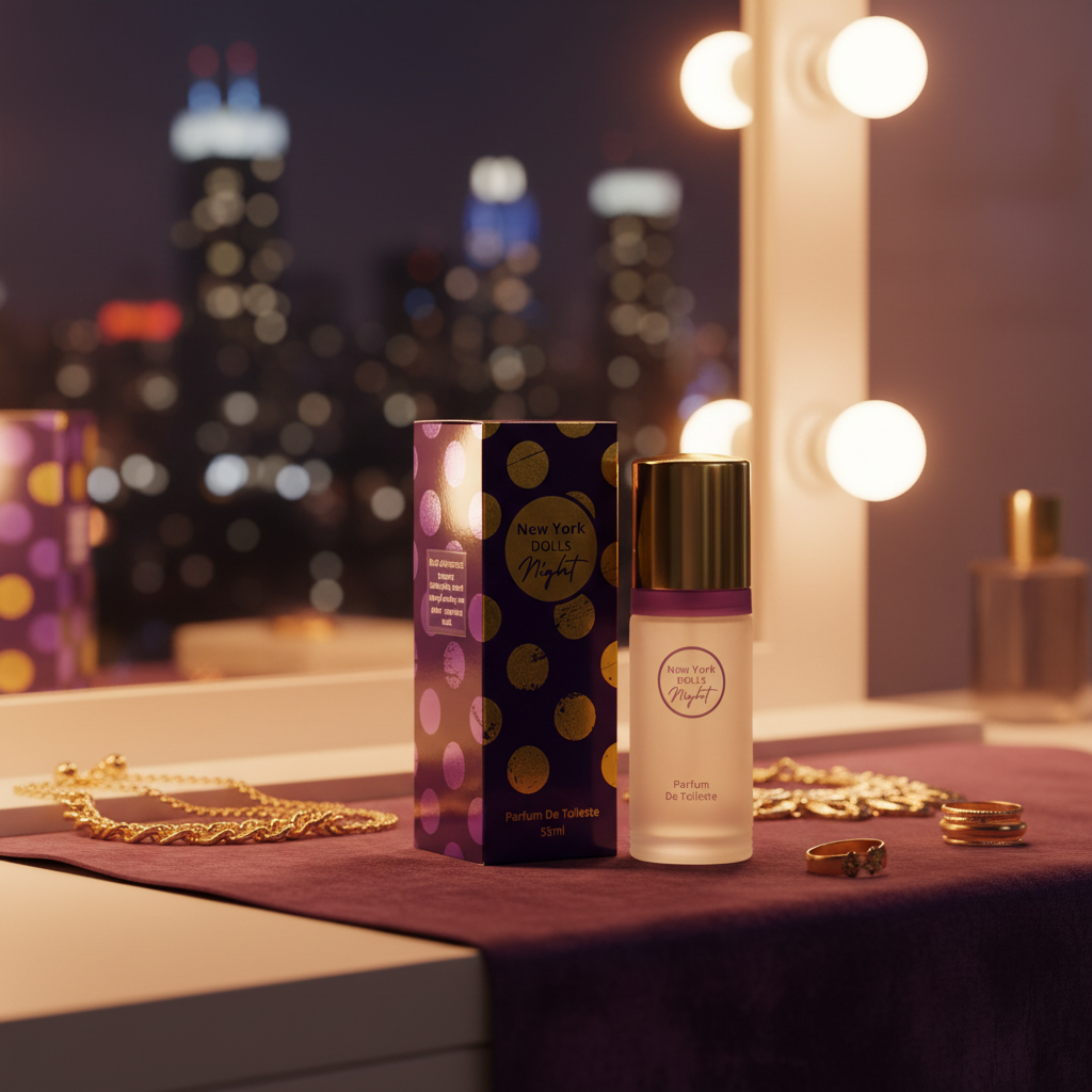 New York Dolls Night perfume styled on a glamorous dressing table with warm vanity lighting and city lights bokeh