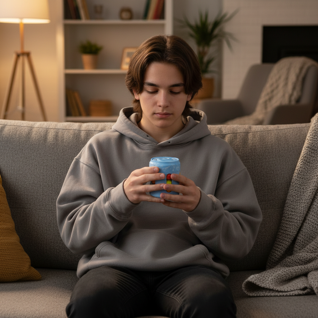 Teenager relaxing on sofa with Fidget Can Sensory Spinner Cube - lifestyle image