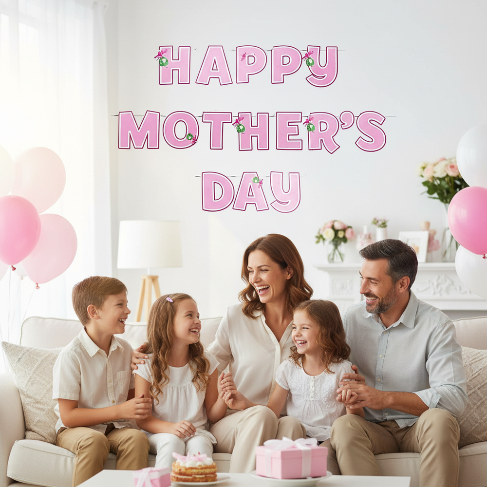 Mother celebrating with family and pink white Mother's Day banner displayed on wall