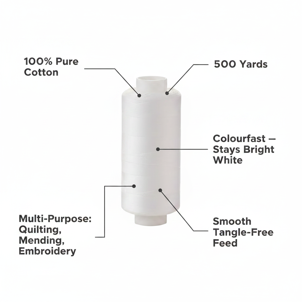White cotton sewing thread reel feature infographic highlighting 100% pure cotton, 500 yards, colourfast, smooth feed and multi-purpose use