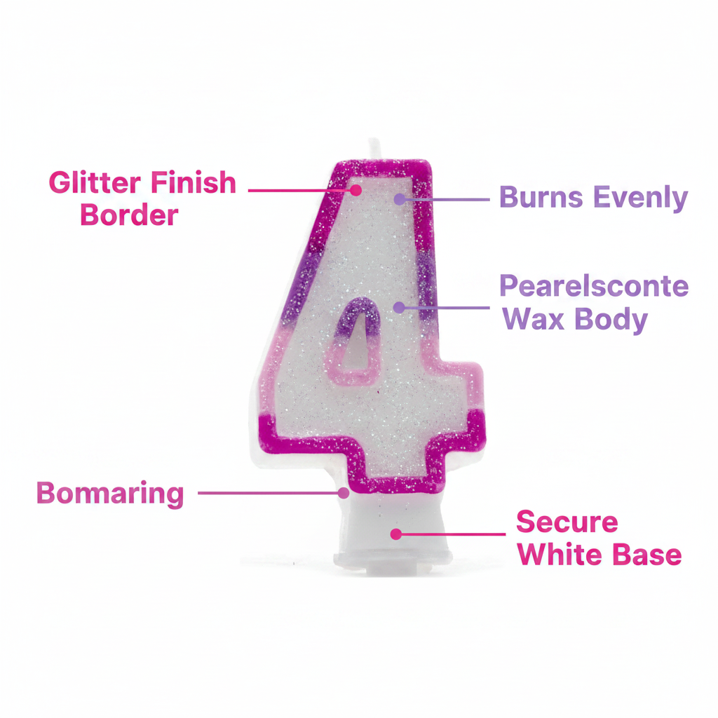 Pink glitter number 4 birthday candle infographic with callout labels highlighting glitter finish border, pearlescent wax body, secure base and even burn