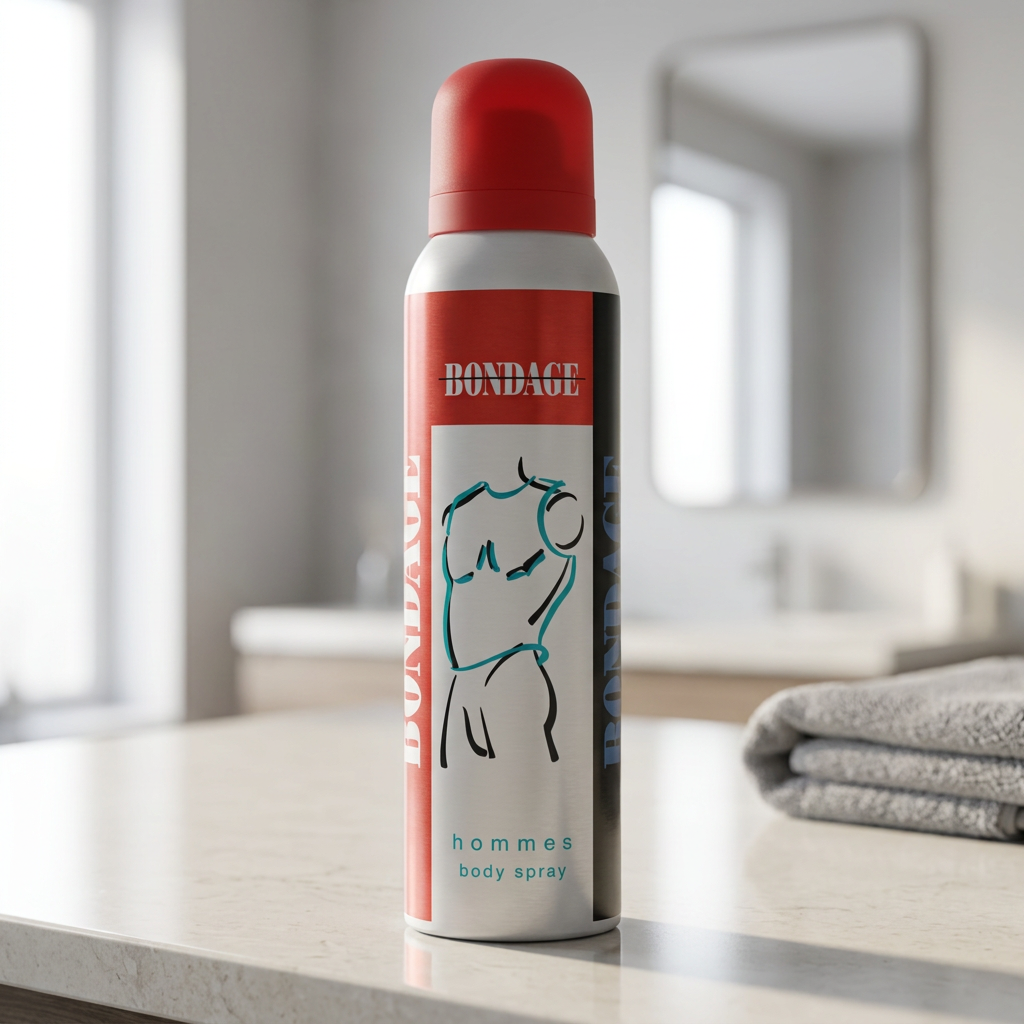 Red-capped Bondage Homme body spray on a bathroom vanity beside folded grey towels.