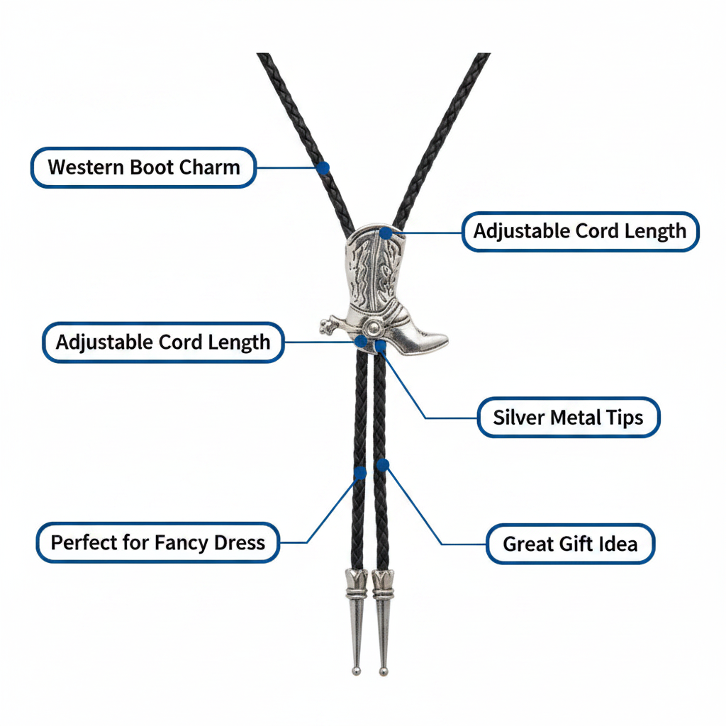Cowboy Boot Bolo Tie feature infographic with 5 A+ callout labels on white background