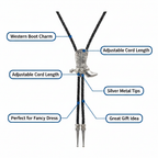 Cowboy Boot Bolo Tie feature infographic with 5 A+ callout labels on white background