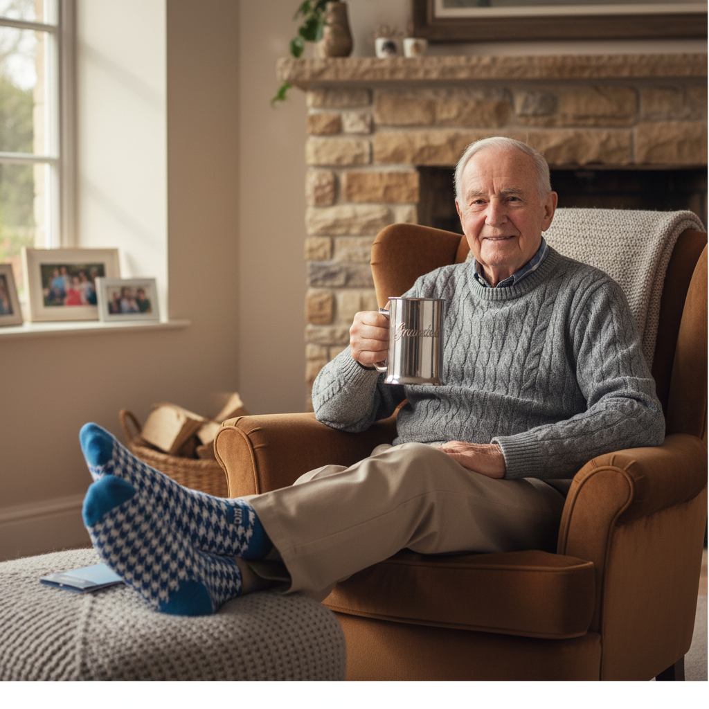 Happy grandfather sitting in armchair holding Grandad tankard and wearing novelty socks