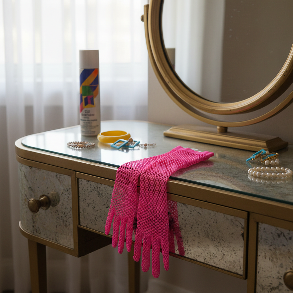Neon pink fishnet gloves draped over a vintage 80s vanity dressing table with retro accessories