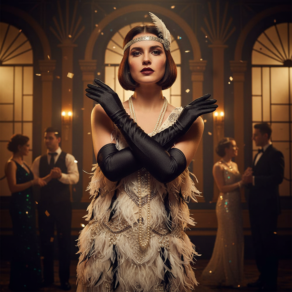 Stylish woman wearing long black satin gloves at a 1920s Great Gatsby themed fancy dress party
