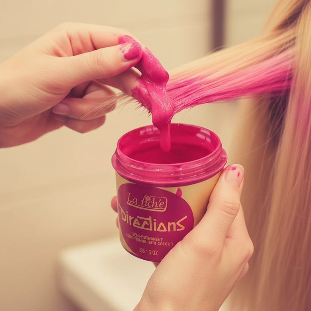 Hands applying La Riche Directions Flamingo Pink hair dye from the gold tub, candid application moment