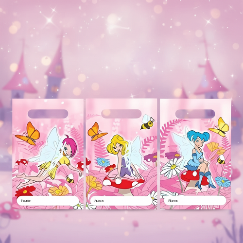 Girls Fairy Themed Party Bags 15x22cm with whimsical fairy designs displayed against magical party background