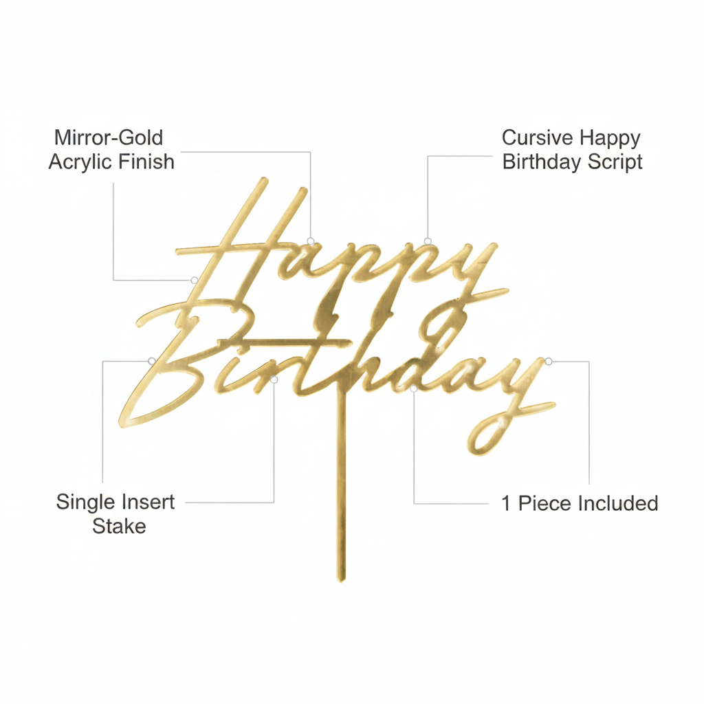 Gold Happy Birthday cake topper feature infographic showing mirror-gold acrylic finish, cursive script, insert stake and 1 piece included