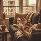 Person relaxing on sofa solving A5 Mega Wordsearch Puzzle Book with cup of tea, warm cosy atmosphere