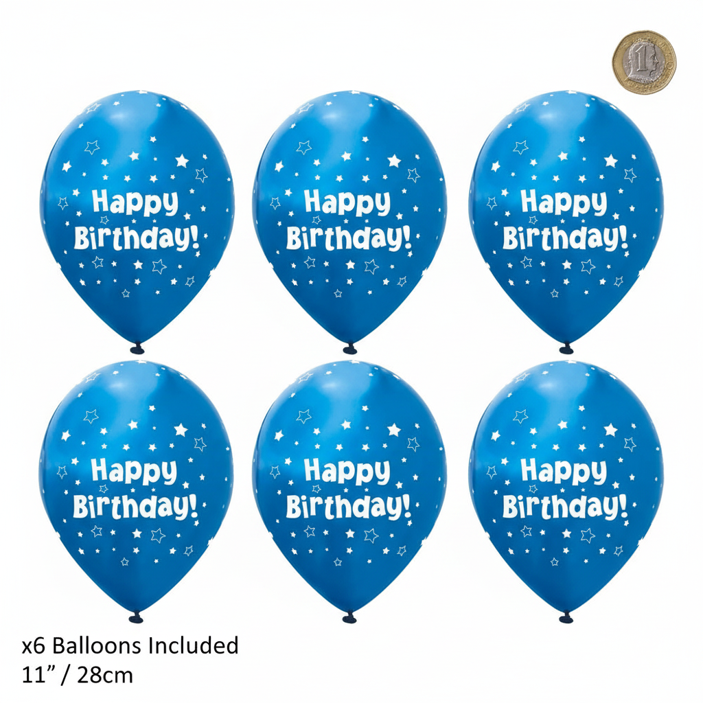 Six 11 inch metallic blue star Happy Birthday latex balloons laid flat beside a £1 coin to show size — pack of 6