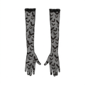 Pair of long black bat-pattern lace gloves displayed flat on a white background.