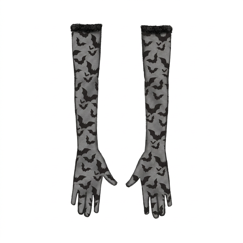 Pair of long black bat-pattern lace gloves displayed flat on a white background.