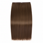 20 inch one piece straight clip-in hair extension in warm mid-brown Hazel Princess shade on white studio background