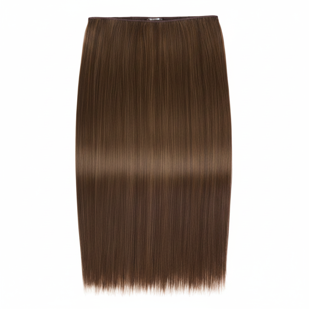 20 inch one piece straight clip-in hair extension in warm mid-brown Hazel Princess shade on white studio background