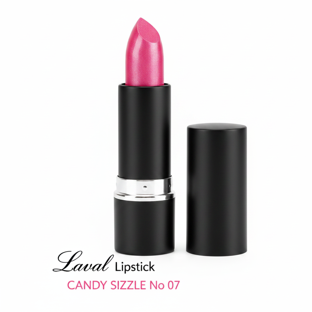 Laval Lipstick Candy Sizzle 07 matte black tube on pure white background, studio hero shot