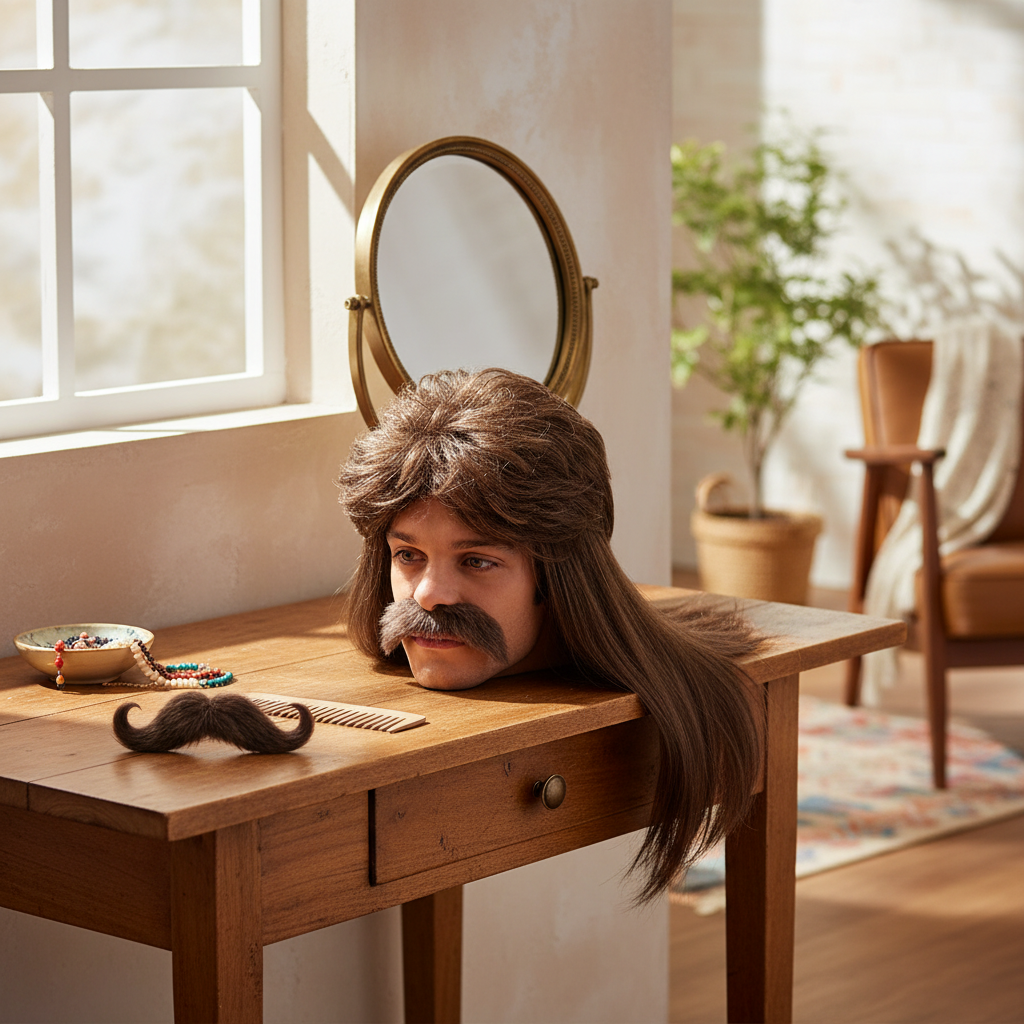 70s brown mullet wig and moustache set displayed on dressing table in warm home setting