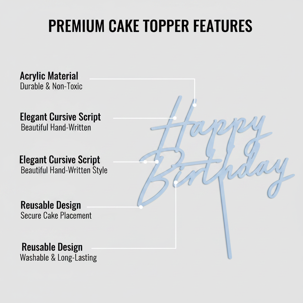 Misty blue acrylic Happy Birthday cake topper feature infographic with callouts for acrylic material, cursive script design, easy-insert spike and reusable construction
