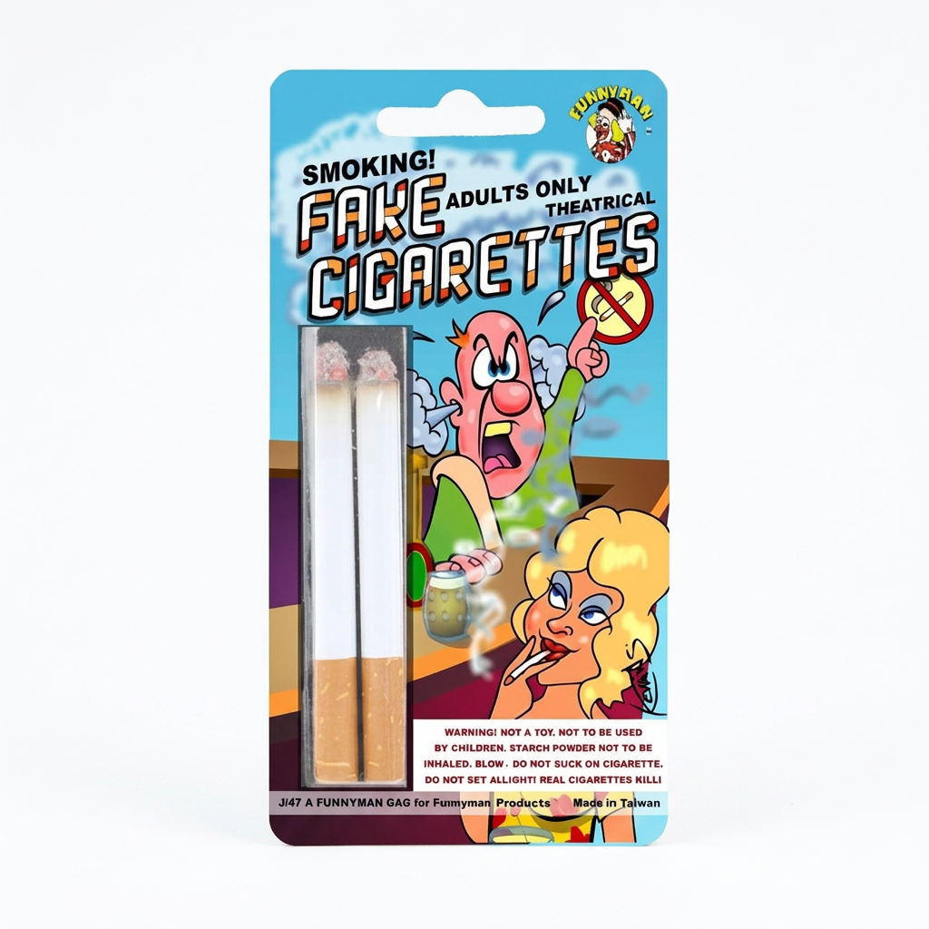 Funnyman fake smoking joke cigarettes pack of two in original blister packaging on white.